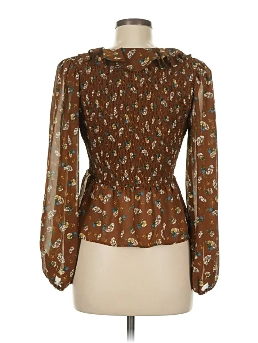 ASTR the Label Brown Ditsy Floral Smocked Ruffle Tie Neck Top Size M
